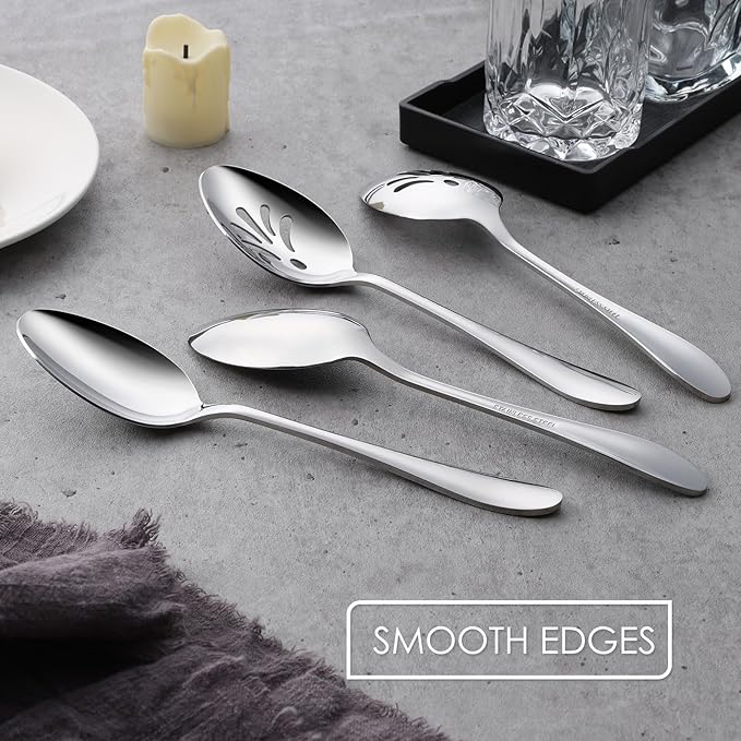 E-far 4-Piece Serving Set - Includes 2 Spoons and 2 Slotted Spoons, Stainless Steel Buffet Utensils for Catering Party Kitchen Restaurant - Mirror Polished, Dishwasher Safe, 8.5-Inch