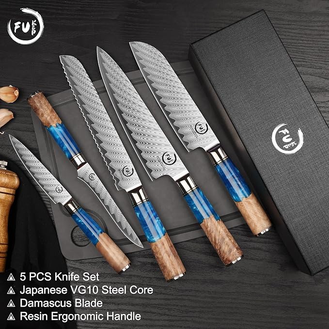 Fukep 5 Piece Damascus Knife Set, Japanese VG10 Steel Kitchen Knives
