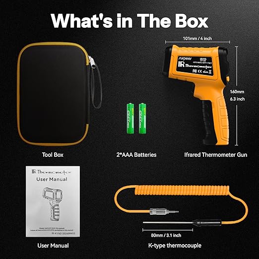 Surpeer 50:1 Infrared Thermometer IR Laser Gun, -58°F to 1796°F, Digital Temperature Gun/K-Type Probe -4°F to 932°F & Humidity Sensor for Cooking, Pizza Oven BBQ HVAC Home-Industrial Use