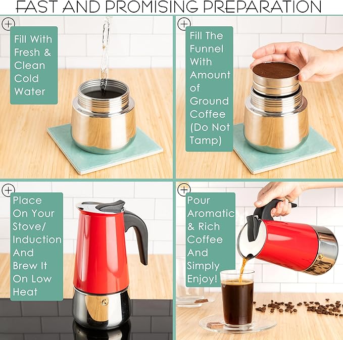 Mixpresso 9 Cup Greca Moka Pot Red Stainless Steel Stovetop Espresso Maker