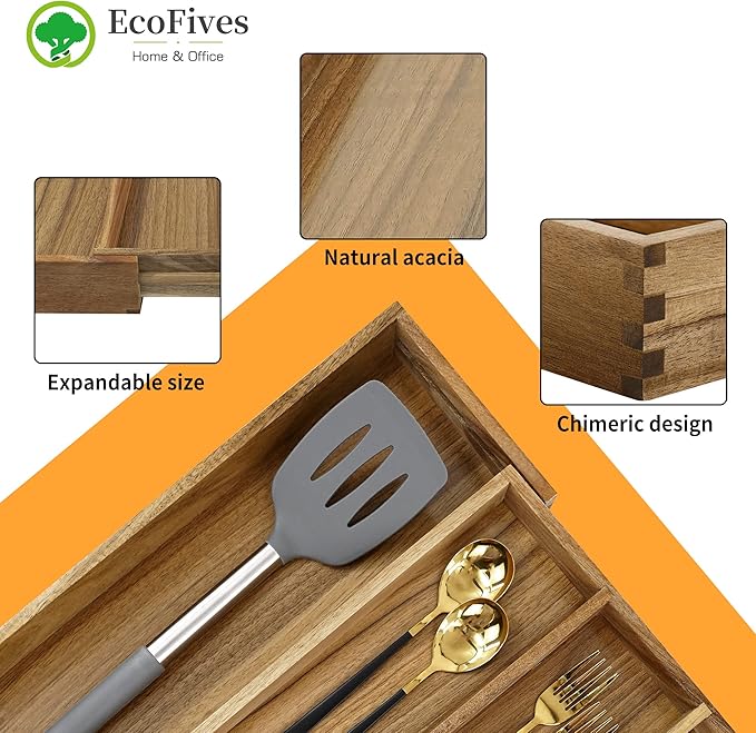 EcoFives Luxury Acacia Silverware Organizer -Kitchen Drawer Organizer - Utensil Holder and Cutlery Organizer with Grooved Drawer Dividers for Flatware and Kitchen Utensils (5 Slot)