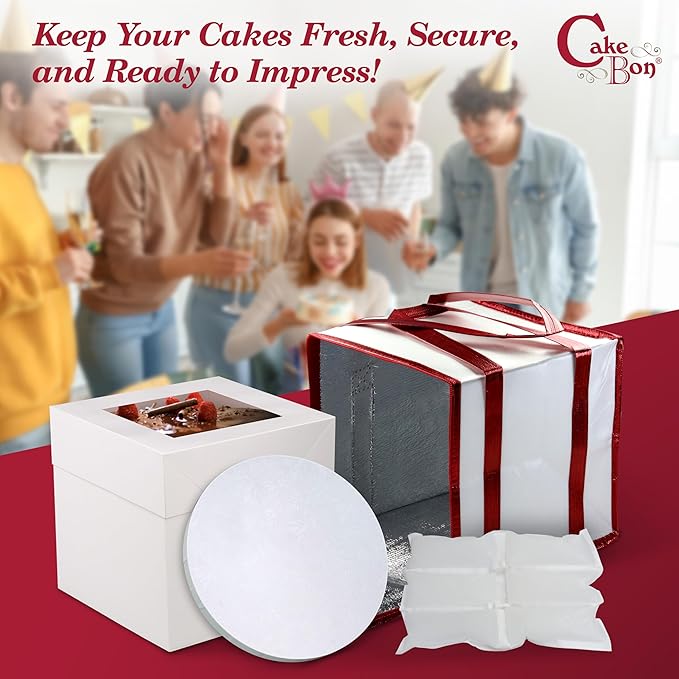 Cakebon 8" Cake Box Drum Insulated Bag White Round Wrapped 1Pack