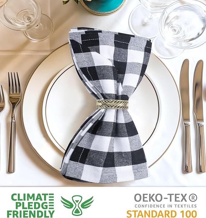 Urban Villa Cloth Napkins Cotton 20x20 (Set of 12) Black Cheks