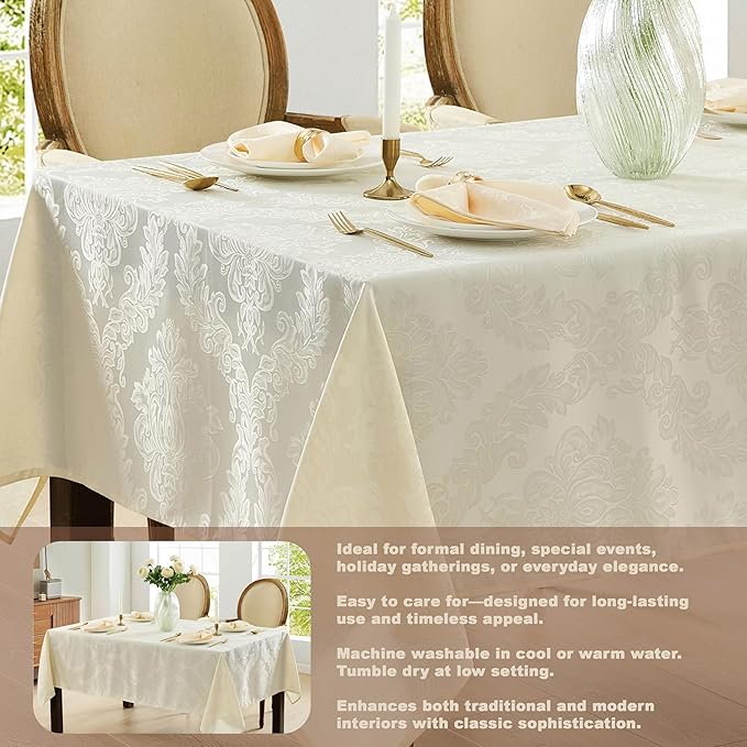 Newbridge Barcelona Luxury Damask Fabric Tablecloth, 70” Extra Wide x 144” Rectangle, Antique White, 100% Polyester, No Iron, Soil Resistant Dining Room, Party and Banquet Table Cover