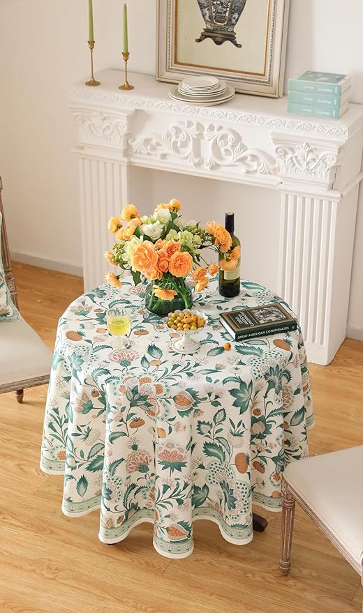 patdrea Vintage French Linen Tablecloth,Round,Diameter 55"-Tree Life