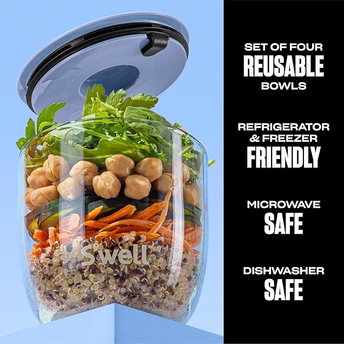 S'well 16oz Glass Prep Bowl Set of 4 For Easy Meal Prep, Coastal Blues, Made From Durable Tempered Glass