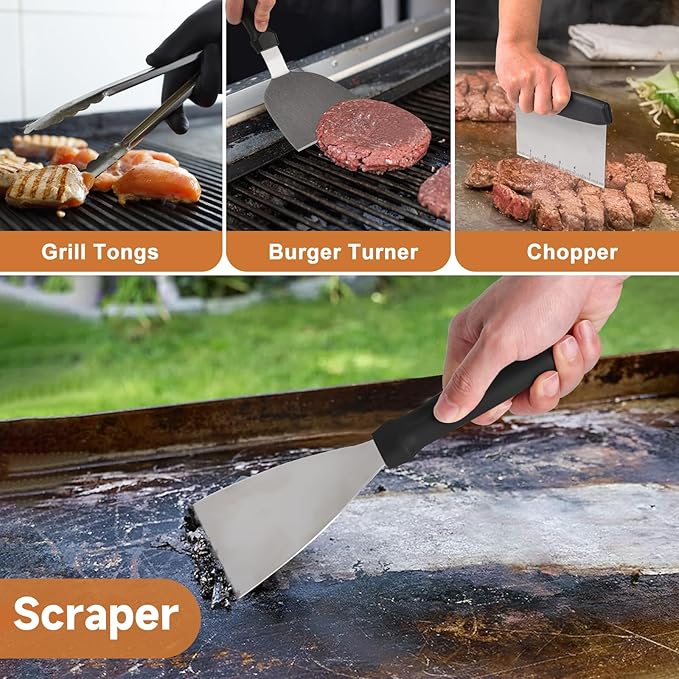 Latiret Griddle Accessories Kit, 27Pcs Grilling Accessories Set for Blackstone and Camp Chef, Flat Top Griddle Accessories Set with Scraper, Enlarged Spatulas, Basting Cover for BBQ