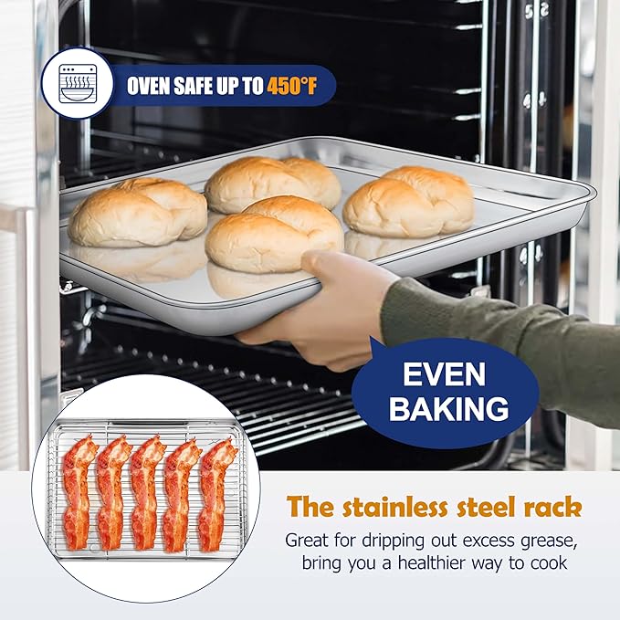 12.5” Baking Sheet Pan with Rack, Joyfair Stainless Steel Toaster Oven Tray