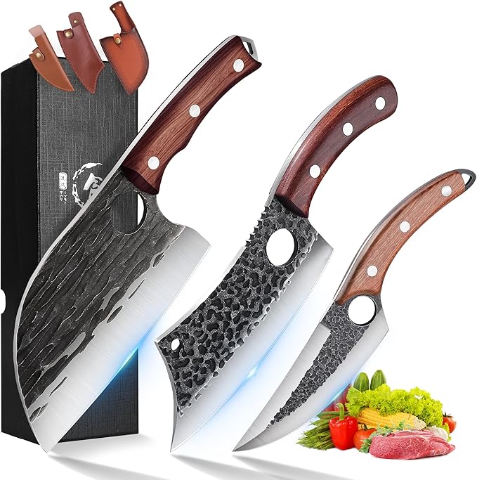 ROCOCO Butcher Cleaver Knife Set - 3PCS Serbian Chef Viking Boning Knife