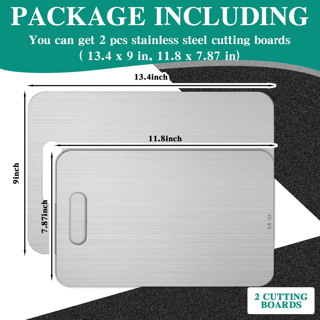 Yaocom 2 Pcs Stainless Steel Cutting Board for Kitchen 304 Steel Chopping Dishwasher Safe Metal Cutting Board Set for Kitchen Meat Fruit Vegetable (13.4"x9",11.8"x7.9")