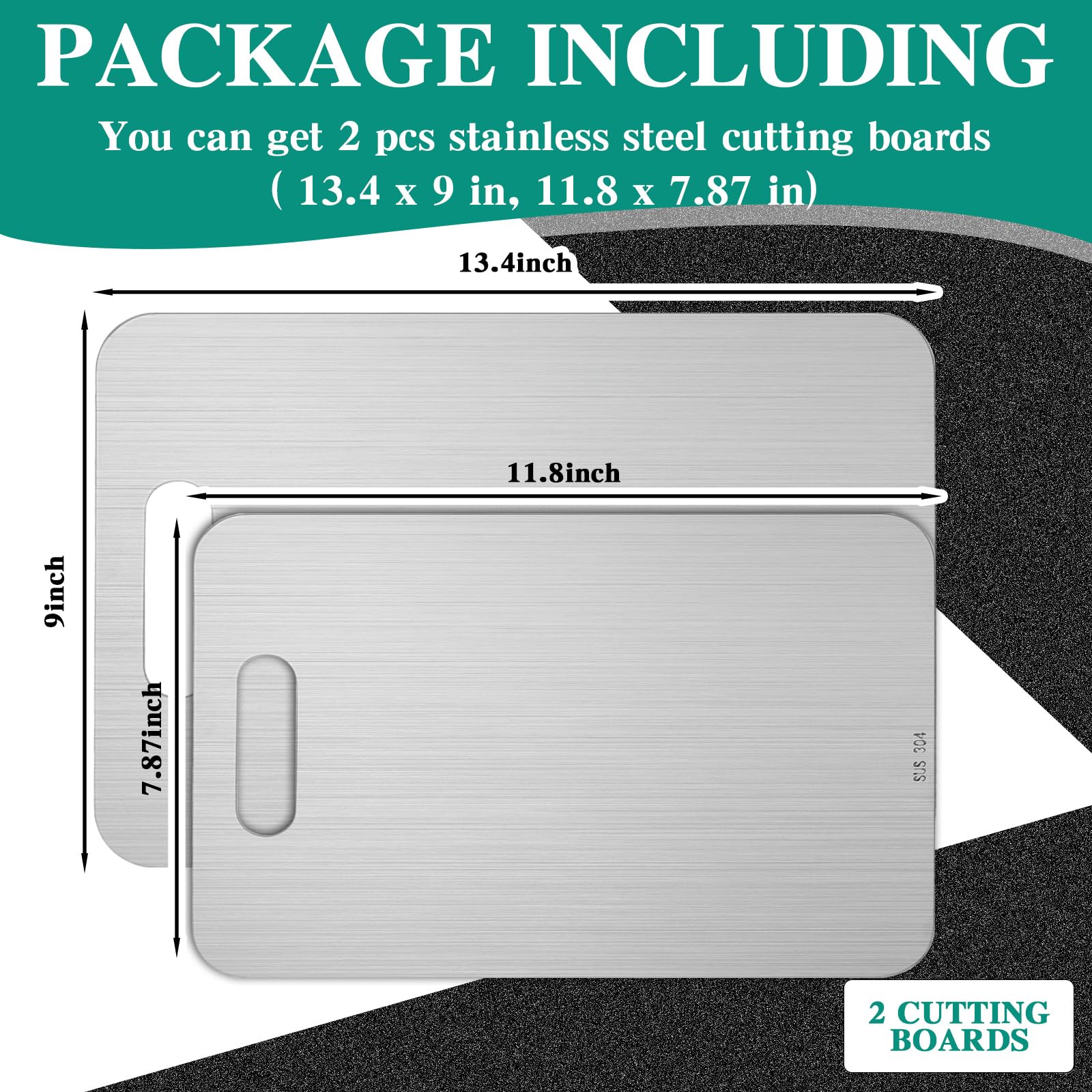 Yaocom 2 Pcs Stainless Steel Cutting Board for Kitchen 304 Steel Chopping Dishwasher Safe Metal Cutting Board Set for Kitchen Meat Fruit Vegetable (13.4"x9",11.8"x7.9")