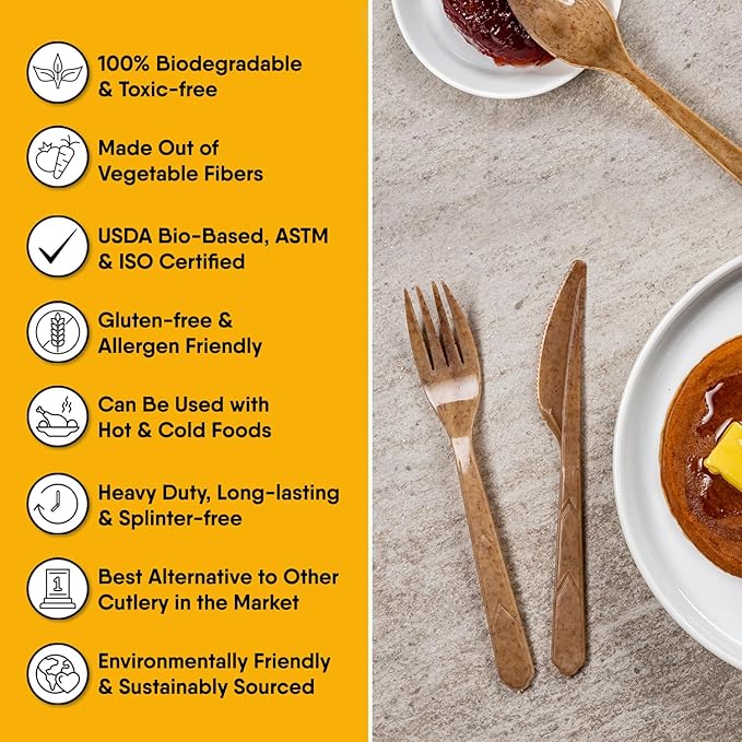 Premium Quality100% Biodegradable Forks Made of Vegetable Fibers, 100 PCS of 6.7” Long Heavy-Duty and Splinter Free Eco-Friendly Forks, Perfect Sustainable Cutlery for All Types of Occasions