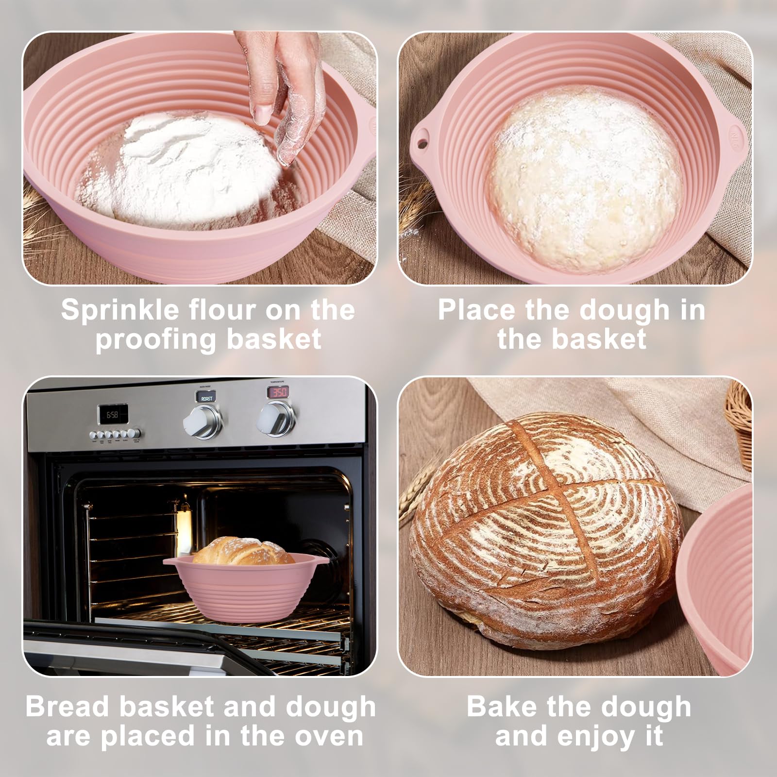 4Pcs 9" Silicone Banneton Bread Proofing Baskets with Dual Handles