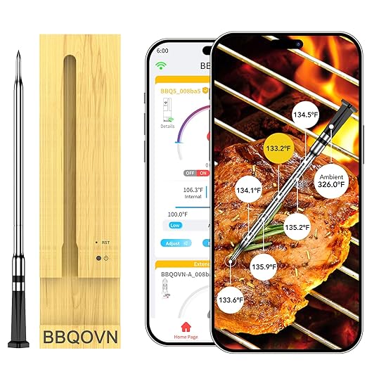 BBQOVN WiFi Sub-1G Wireless Meat Thermometer Unlimited Range, Check Temp Anywhere,7 NIST Certified Sensors with Ambient Temp, Monitor for BBQ, Grill, Oven, Smoker, Air Fryer (Harvest Bamboo)