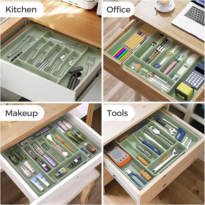 ukeetap Extra Large Expandable Silverware Organizer, Flatware Tray, Green