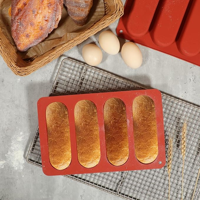 Webake 6 Inch Hot Dog Bun Pan, 2 Pack SIlicone Hotdog Bun Molds Nonstick Bread Forms, Mini Baguette Sandwich Baking Tray for Sub & hoagie roll