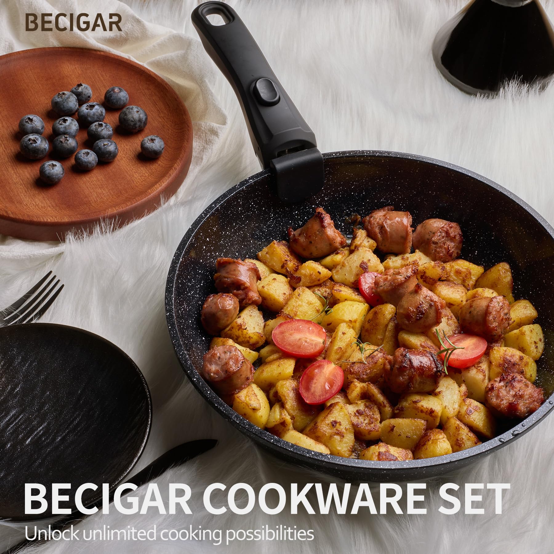 BECIGAR 23pcs Ceramic Pots and Pans Set, Nonstick Detachable Handle Cookware, Induction Kitchen Cooking Set with Removable Handle,include Frying Pans & Saucepans Oven Safe (Black)