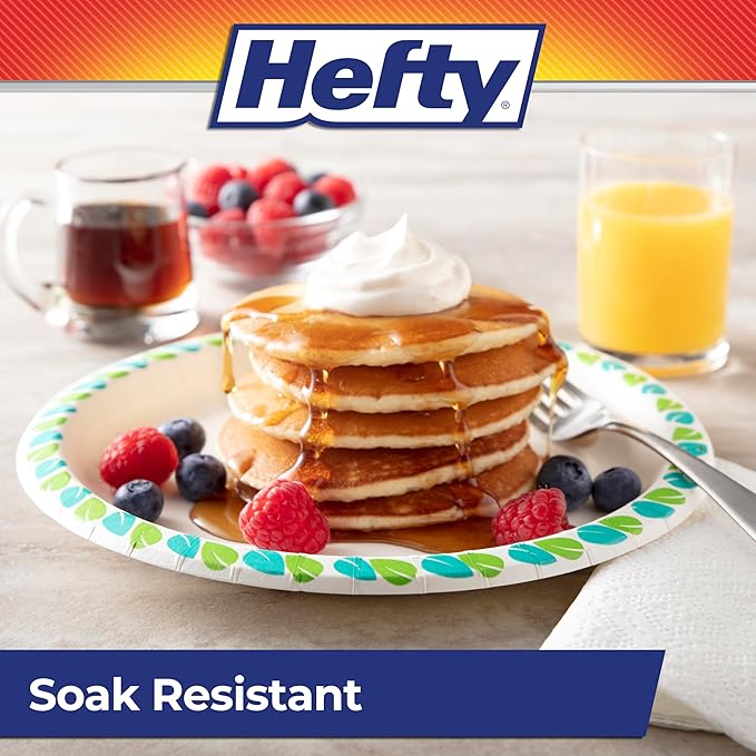 Hefty Compostable Paper Plates, 8.6 Inches, 30 Count, Patterned Disposable Plates for BBQs, Parties, Holidays, Potlucks, and Everyday, Soak-Resistant, Made with Plant-Based Materials, Microwave Safe
