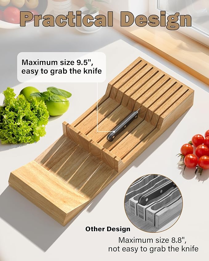 Cook N Home Basics Durable Wood Cutlery Holder, Knife Storage Block Organizer, Made of natural rubber wood, Polished Surface, Suitable for Drawers, 2 Pcs, 9-Slot