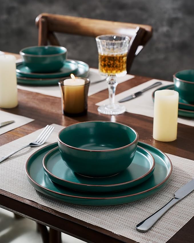 Famiware Mercury 12-Piece Stoneware Dinnerware Set, Dark Green