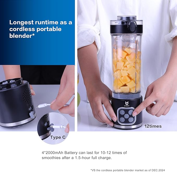 UTALENT Cordless Portable Blender, Ice Crush, 700W Motor, 25oz Cup, 4 Mode