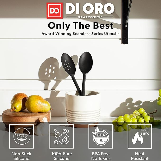 DI ORO Silicone Cooking Spoons - Solid & Slotted Set, 2-Pc Black