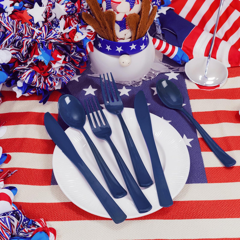 Liacere 100Pack Pre Rolled Blue Silverware and Napkin-Disposable Blue Plastic Utensils-Plastic Cutlery Set with Napkin:100 Forks,100 Knives,100 Spoons,100 Napkins for Wedding&Party&Independence Day
