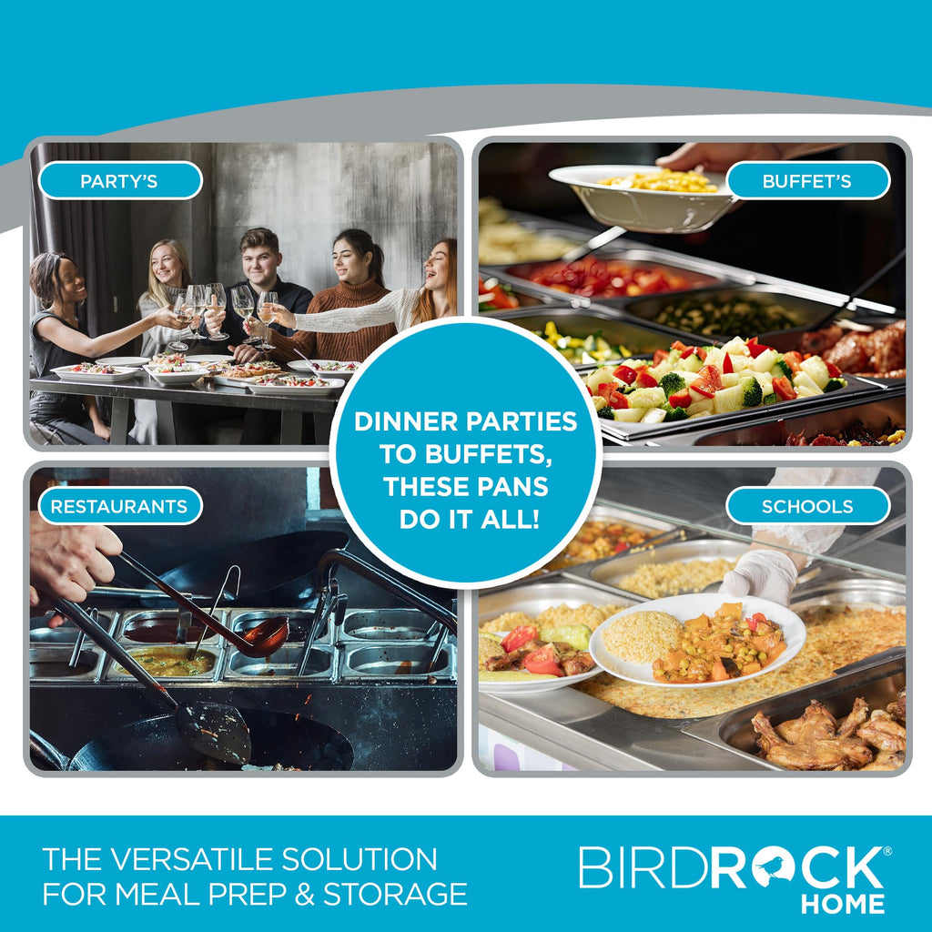 BIRDROCK HOME Stainless Steel Steam Table Pan - Hotel, Restaurant & Catering Supplies - 24 Gauge Steel, 14 qt Capacity - Meal Prep, Cooking, & Food Storage Container - 4" Depth, Full-Size (6 Pack)