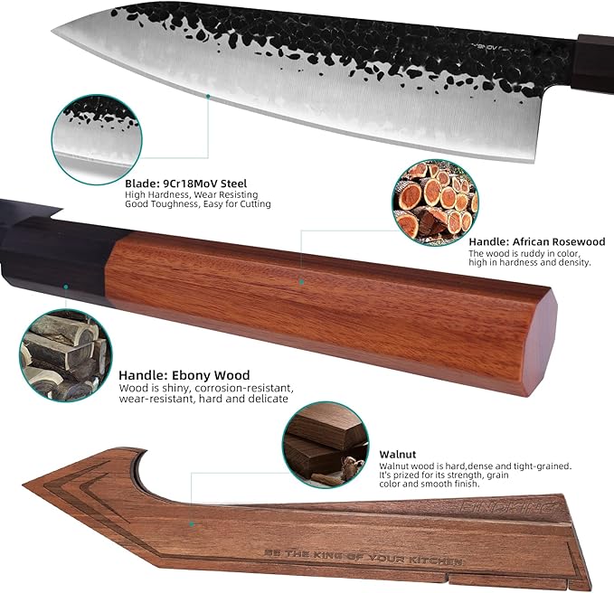 FINDKING Chefs Knives Set and Edge Guards, High Carbon Steel Kitchen Knives, Walnut Knife Holders, for Home Kitchen, Meat, Fruits, Vegetables, Dynasty Series, 8PCS