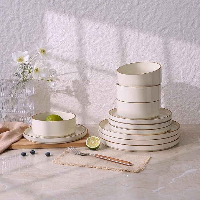 Famiware Nebula 12-Piece Dinnerware Set, Vanilla White with Brown Rim