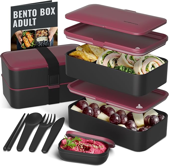 Bentoheaven Bento Box Adult, Stackable Lunch Box, 40 oz, Very Berry