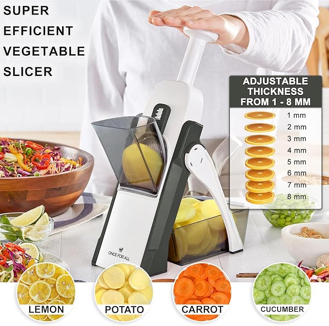 ONCE FOR ALL Safe Mandoline Slicer, Vegetable Slicer Potato Slicer, Gray