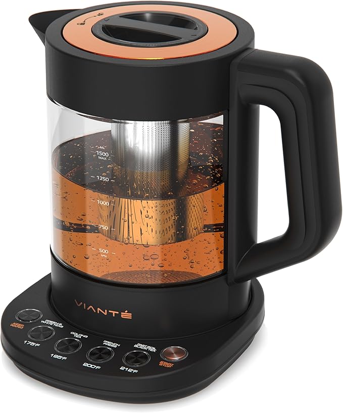 Viante Alba Electric Tea Kettle With Infuser, No Plastic, 1.5L, Black