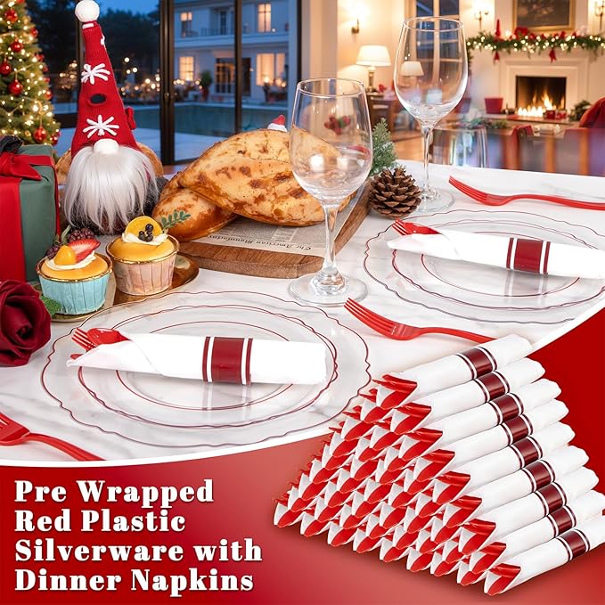 Liacere 400PCS Pre Rolled Red Silverware and Napkin - Disposable Red Plastic Utensils-Wrapped Plastic Cutlery Set with Napkin:100Forks,100Knives,100Spoons,100Napkins for Party & Independence Day