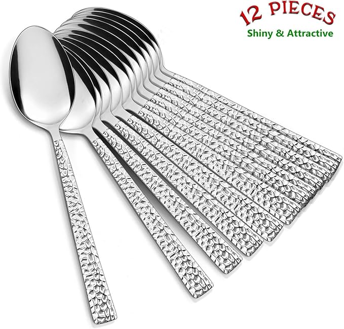 E-far Teaspoon Set of 12, 6.7 Inch Hammered Stainless Steel Spoons for Kitchen or Restaurant, Non-toxic & Mirror Polished, Squared Edge & Dishwasher Safe