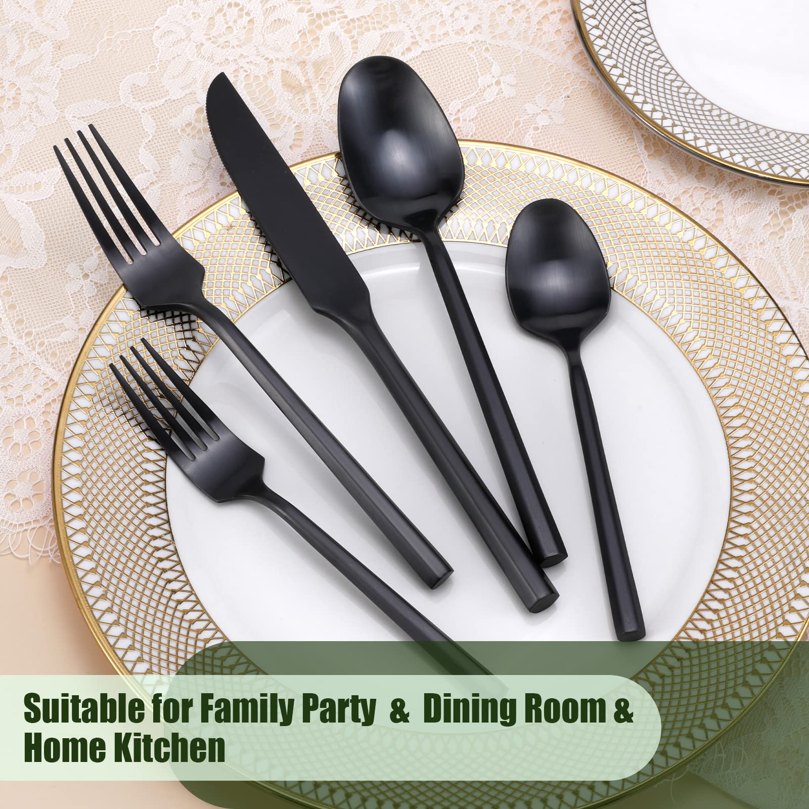 DEACORY Silverware Set Matte Black Hexagon 40-Piece Service for 8