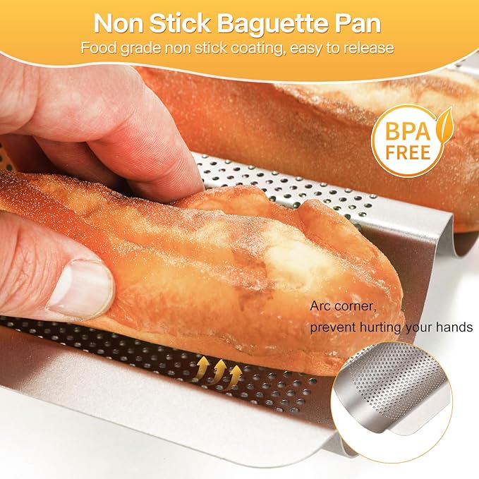 Barlket Baguette Bread Pan, Nonstick French Bread Baking Pan 3 Loaf, Golden
