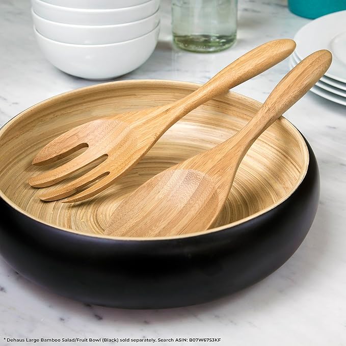 Dehaus® 12" Extra Large Bamboo Salad Servers - Wooden Salad Serving Spoons - Eco Friendly Salad Tossing Utensils - Giant Wooden Salad Hands - Bamboo Salad Tongs