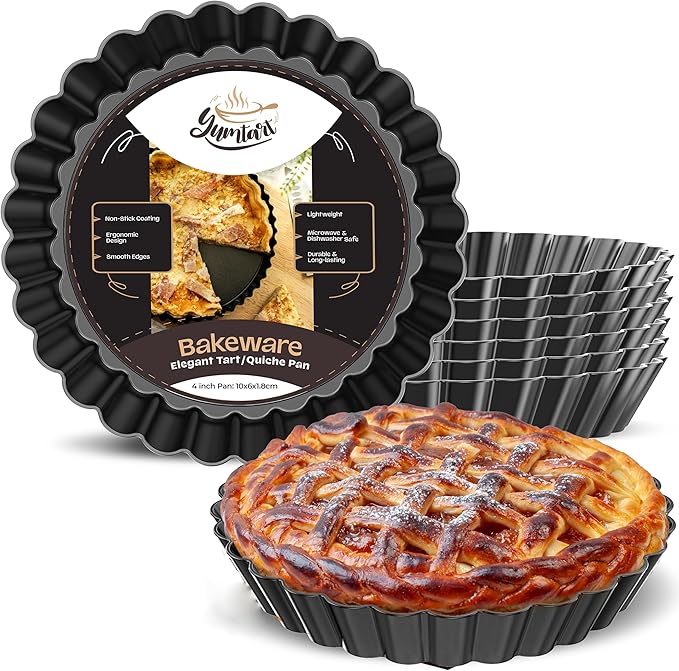 YUMTART 4 Inch Round Tart Pan 8 Pieces, False Bottom Pie Pan, Deep Fluted Tart and Quiche Pan with Removable Bottom - Non-Stick Tart Pan