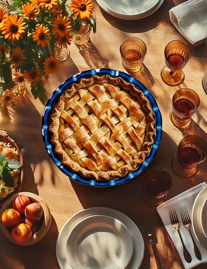 Pie Pan for Baking 9 Inch Ceramic Pie Dish for Apple Pie, Quiche, 48oz Blue