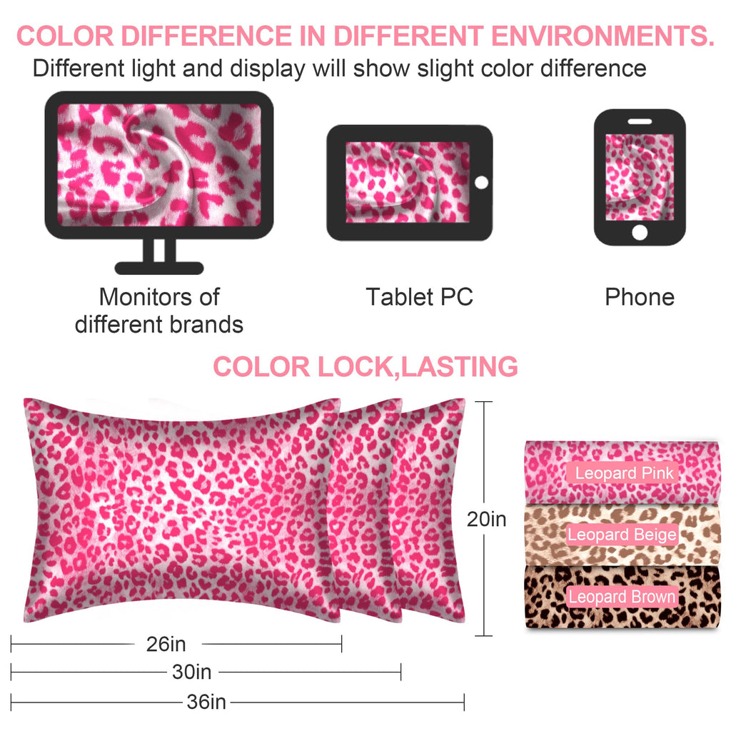 Silk Pillow Cases 2 Pack Standard Size with Hidden Zipper, Mulberry Silk Pillowcase for Hair and Skin, Smooth and Soft Breathable Cooling Silk Satin Pillowcase Set of 2, Gifts for Women，Leopard Pink