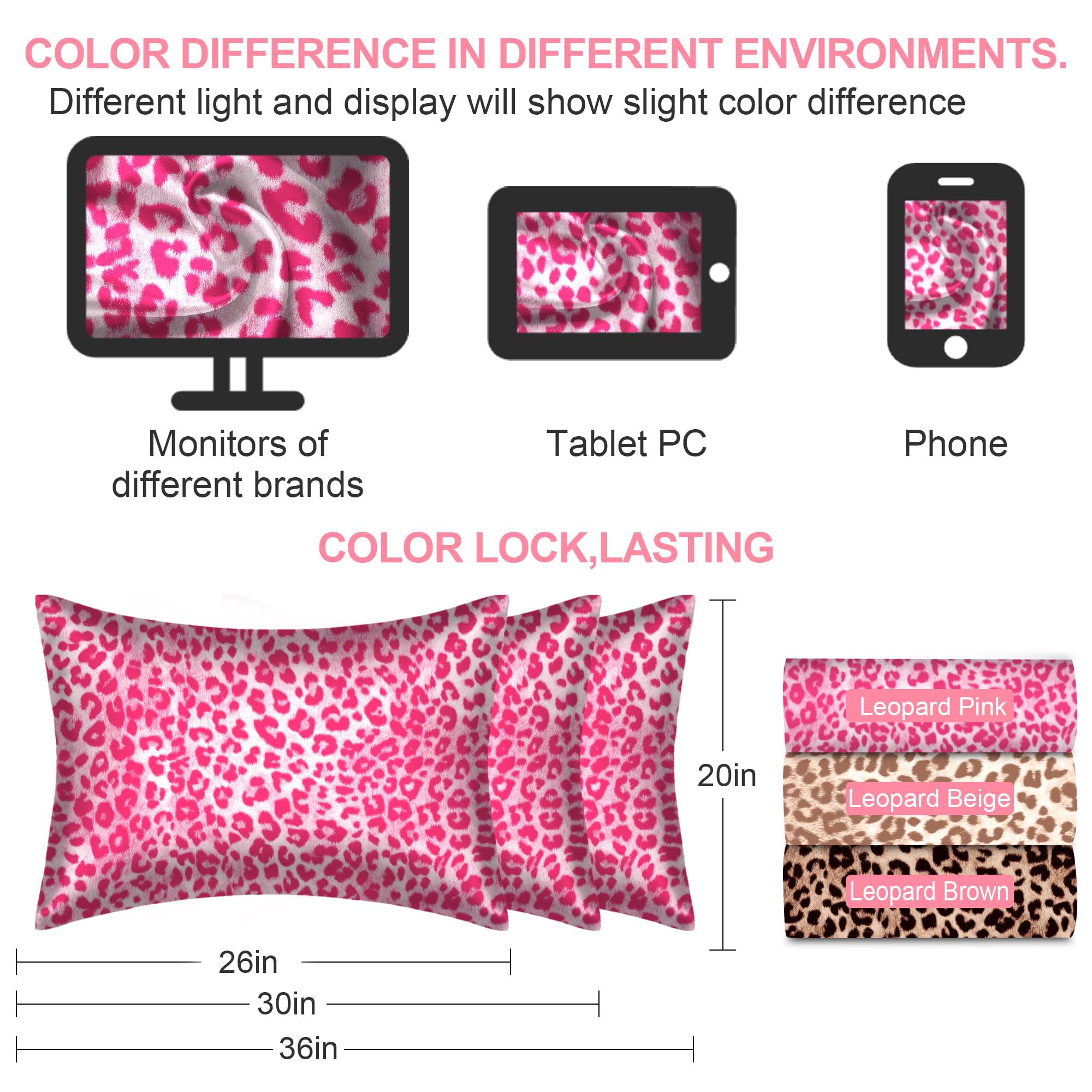 Silk Pillow Cases 2 Pack Standard Size with Hidden Zipper, Mulberry Silk Pillowcase for Hair and Skin, Smooth and Soft Breathable Cooling Silk Satin Pillowcase Set of 2, Gifts for Women，Leopard Pink