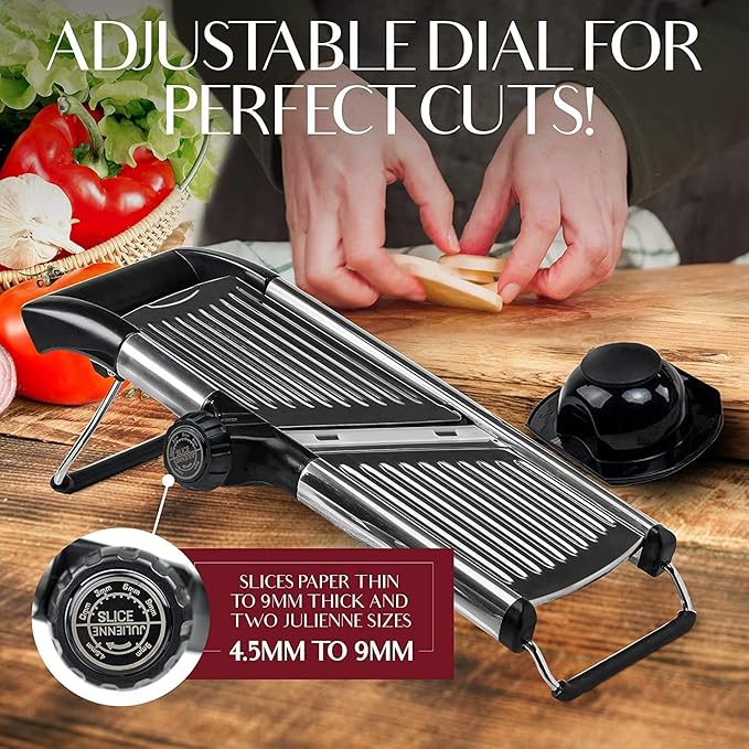 Gramercy Adjustable Mandoline Food Slicer, Mandoline Slicer for Kitchen, Mandolin, Potato, Tomato, Carrot, Vegetable, Fruit and Onion Cutter, Stainless Steel, INCLUDING Cut-Resistant Gloves, Black PRO