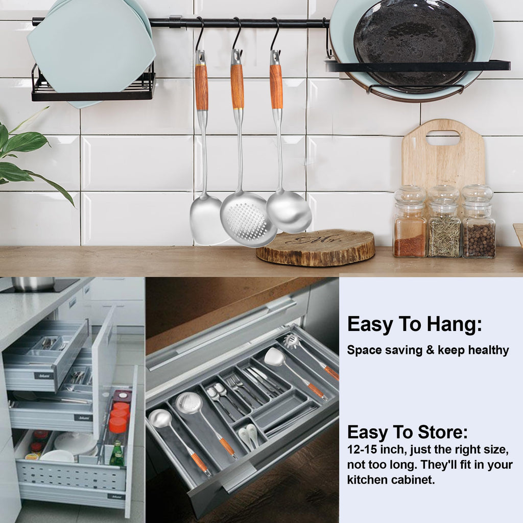 NIITAWH Stainless Steel Kitchen Utensils Set for Cooking Wooden Handle