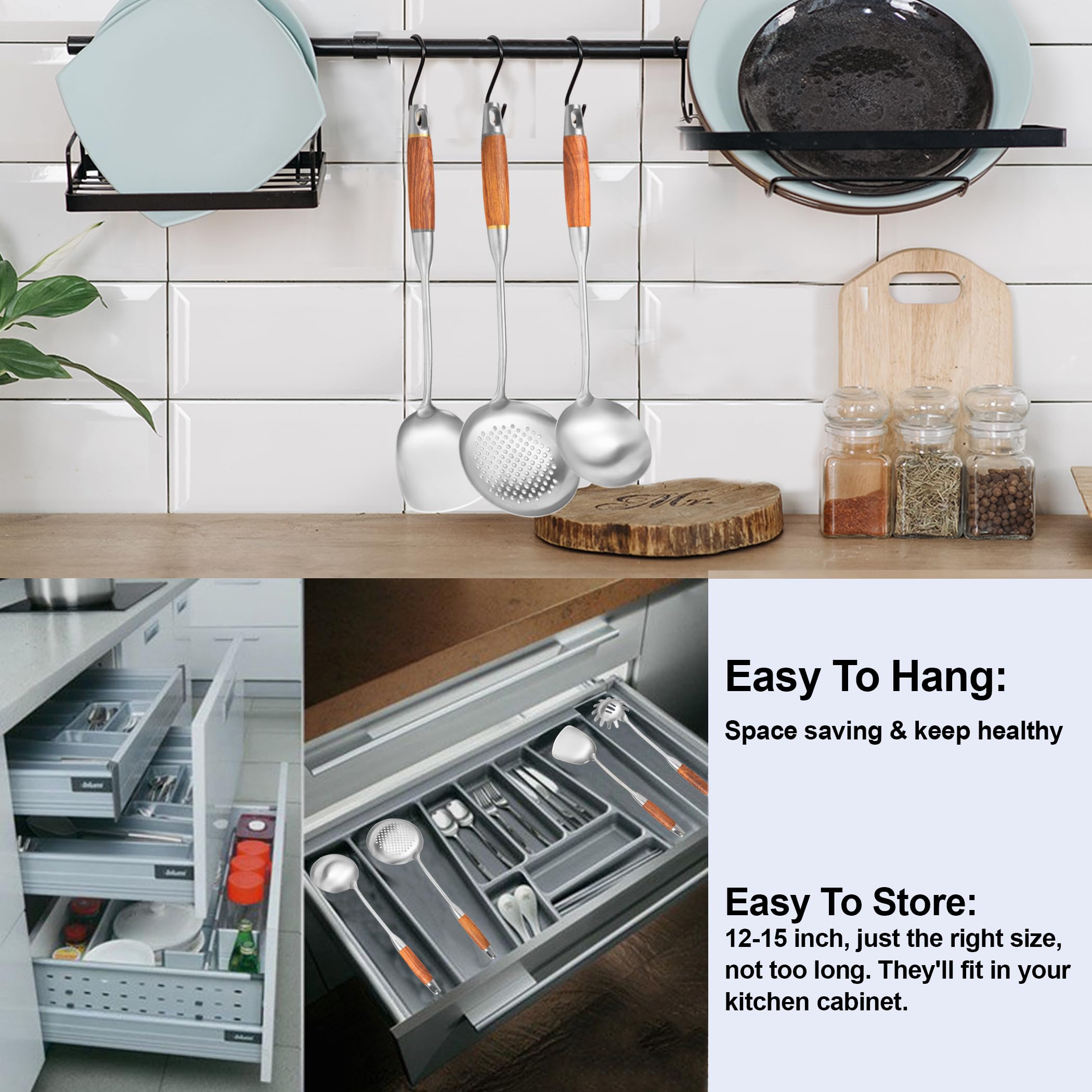 NIITAWH Stainless Steel Kitchen Utensils Set for Cooking Wooden Handle