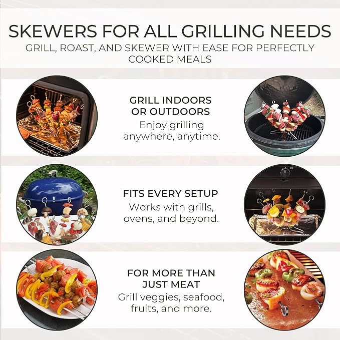 O-Yaki Flat Metal Kabob Skewer for Grilling Set of 8 BBQ Skewers Stainless Steel with Storage Bag, Dishwasher Safe with Hook Handle & Sharp Tip for BBQ, Cookouts & Oven Use 12 Inch
