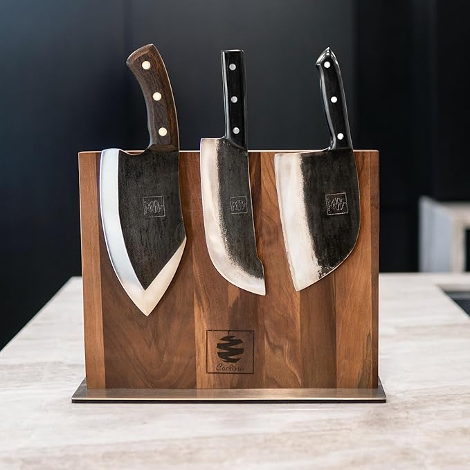 COOLINA Walnut Magnetic Knife Holder, Knife Block Stand with Steel Base