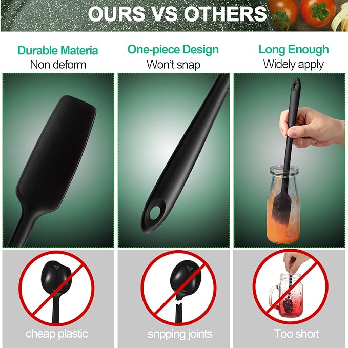Long Handle Silicone Jar Spatula Kitchen Scraper Spatula Non-Stick Rubber Silicone Scraper for Jars, Smoothies, Blenders Cooking Baking Stirring Mixing(Black,2 Pieces)