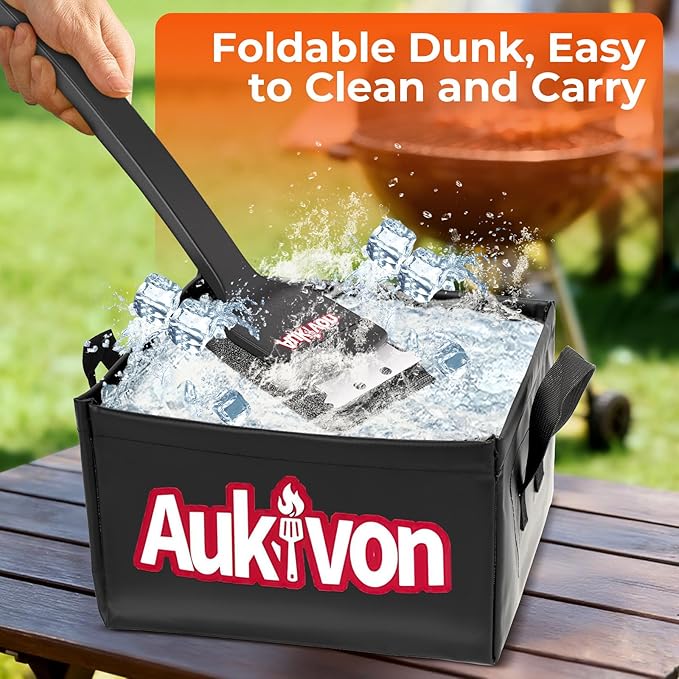 Aukivon 2PCS Upgraded Grill Brush for Outdoor Grill with Water Dunk Basin, Bristle Free, Steel Fiber Grill Brush for Cast Iron/Porcelain/Charcoal/Stainless Steel Grates, Gift for Men/Dad
