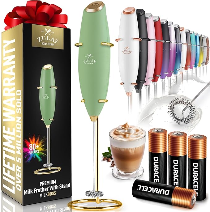 Zulay Kitchen Powerful Milk Frother Wand With Duracell Batteries - Ultra Fast Handheld Drink Mixer - Electric Whisk Foam Maker for Coffee, Lattes, Cappuccino & Matcha - Z1 Motor - Forest Gold